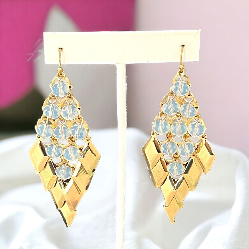 New Statement Earrings Gold Tone Faceted Beads Dangle Drop Women's 5A